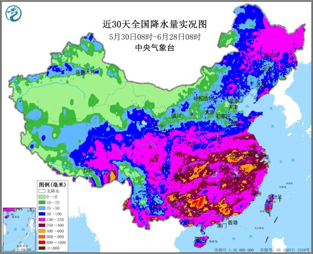 ▲圖為近30天全國降水實況圖。來源：中央氣象臺