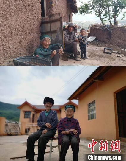 上圖為甲甲溝村村民羅木你坡夫婦所住的舊房，下圖為夫婦倆遷入的新居。(拼版圖) 張浪 攝